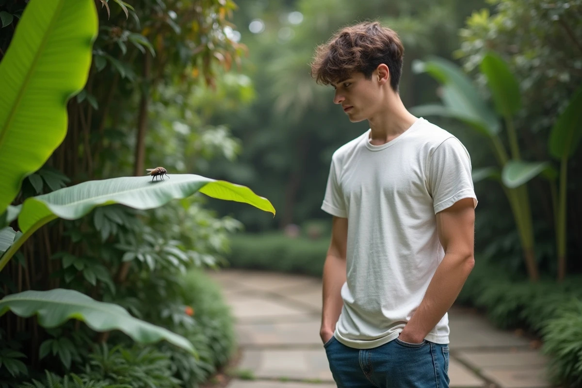 Jeune homme dans un jardin contemplant une mouche