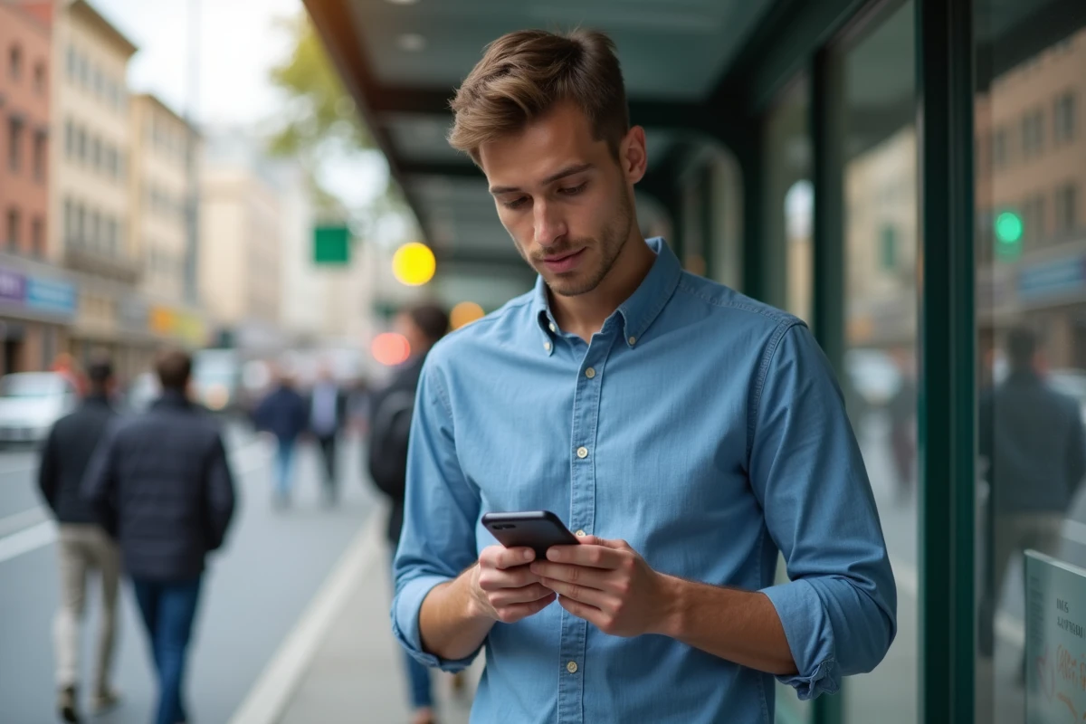 Jeune homme regardant son smartphone à un arrêt de bus