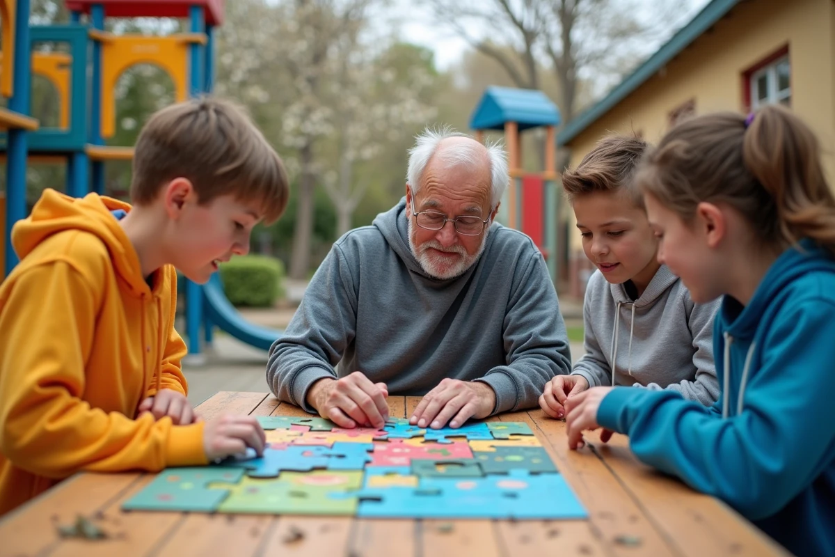 Adolescents et senior résolvant un puzzle en extérieur