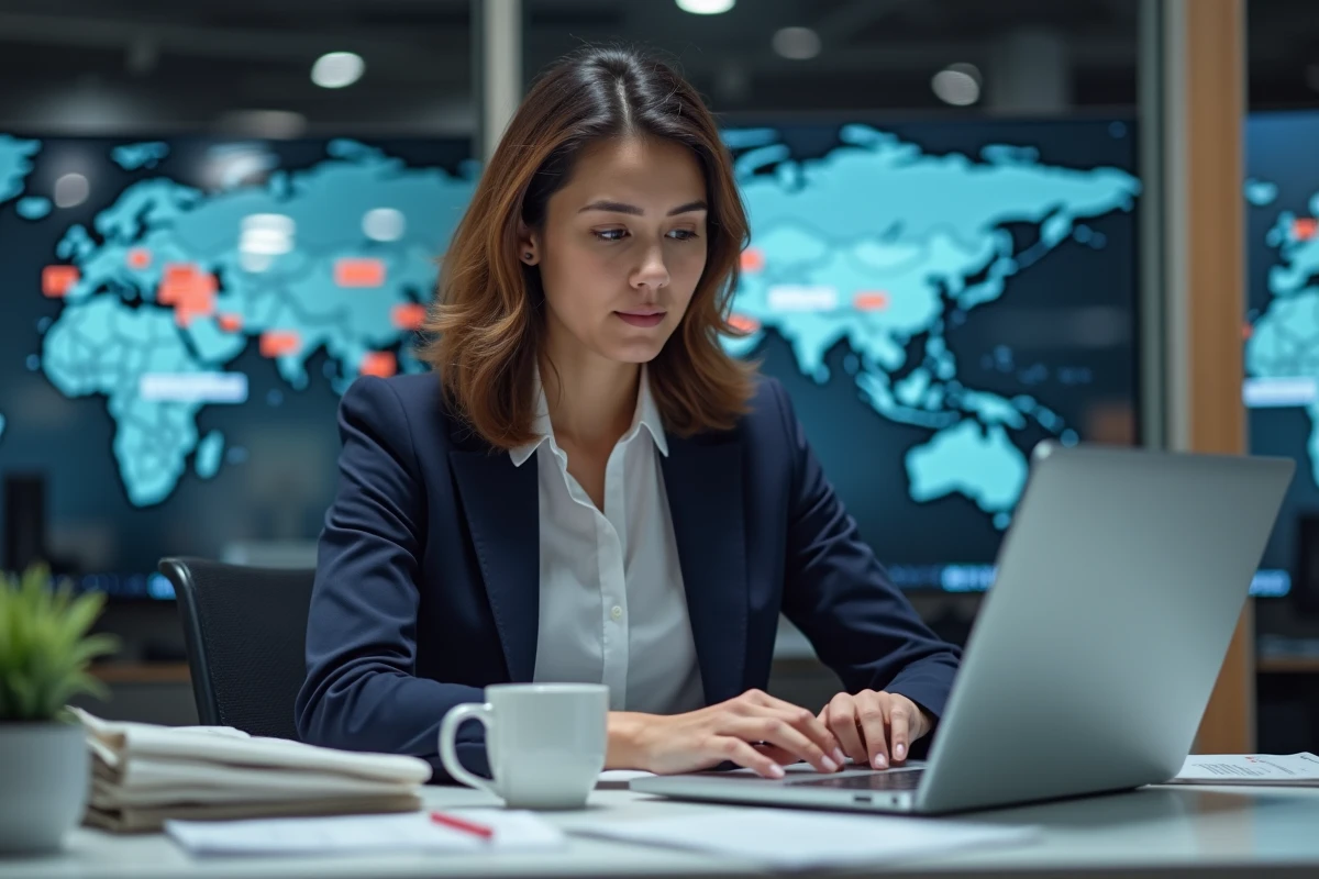 Jeune femme journaliste concentrée au bureau avec journaux et ordinateur