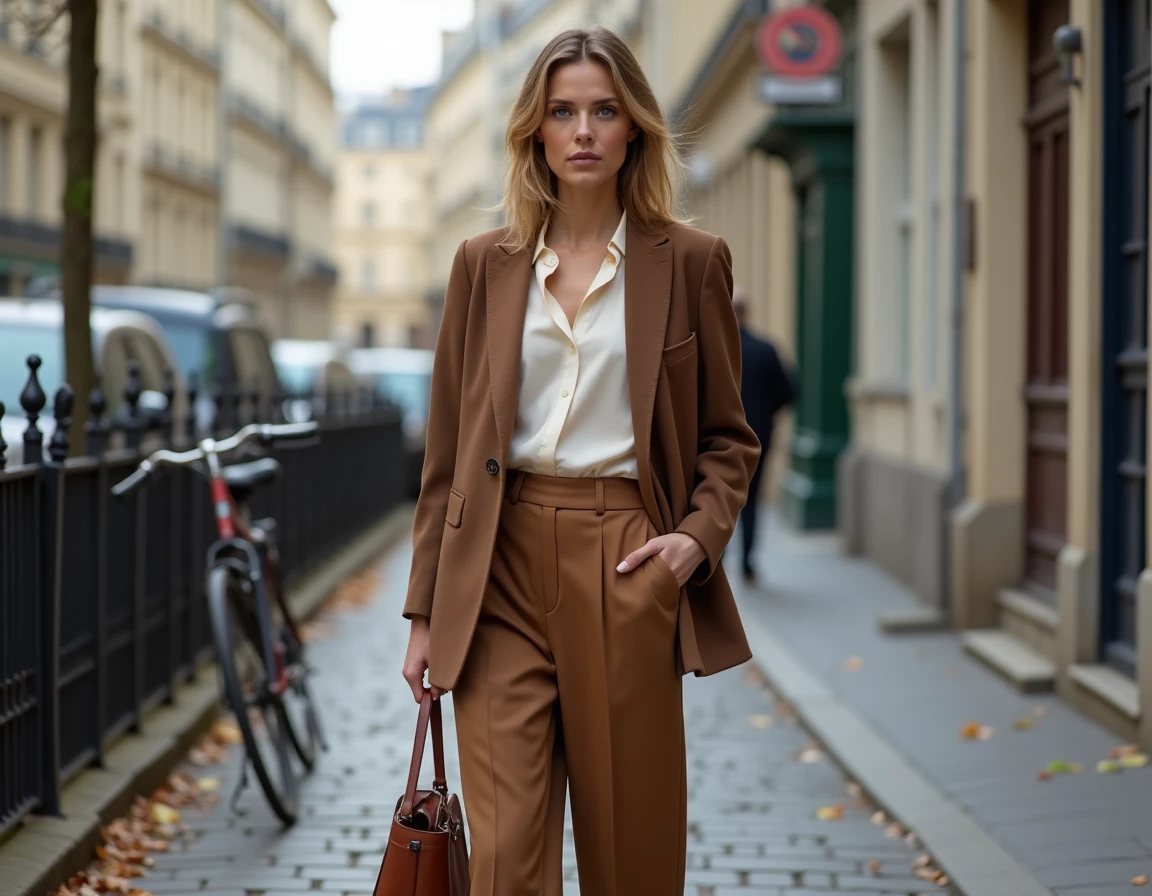 Femme stylée en tailleur camel et chemisier en soie ivoire dans une rue pavée parisienne, look street style mode automnale