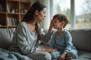 Maman inquiète vérifiant la fièvre de son fils