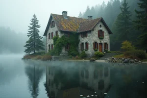 Manoir médiéval en pierre au bord d'un lac brumeux entouré de forêts de conifères dans un style nordique de Skyrim