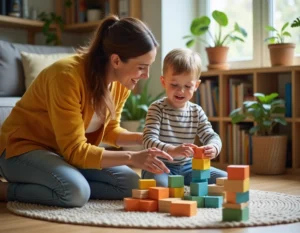 Mère et enfant jouant ensemble avec des blocs en bois colorés dans un salon chaleureux, favorisant l'épanouissement de l'enfant