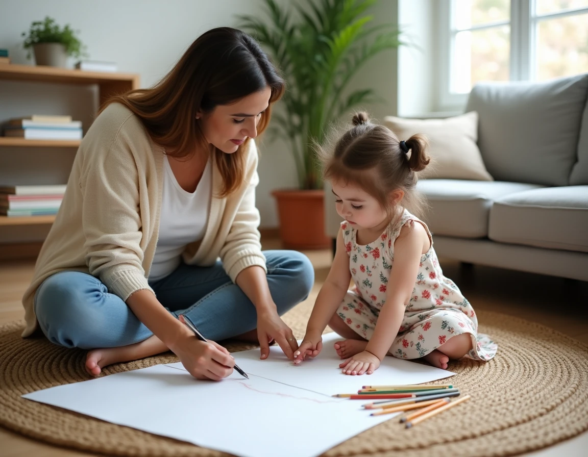 Mère et fille assises sur un tapis en train de dessiner ensemble dans un salon douillet, activité créative et moment de complicité familiale au quotidien