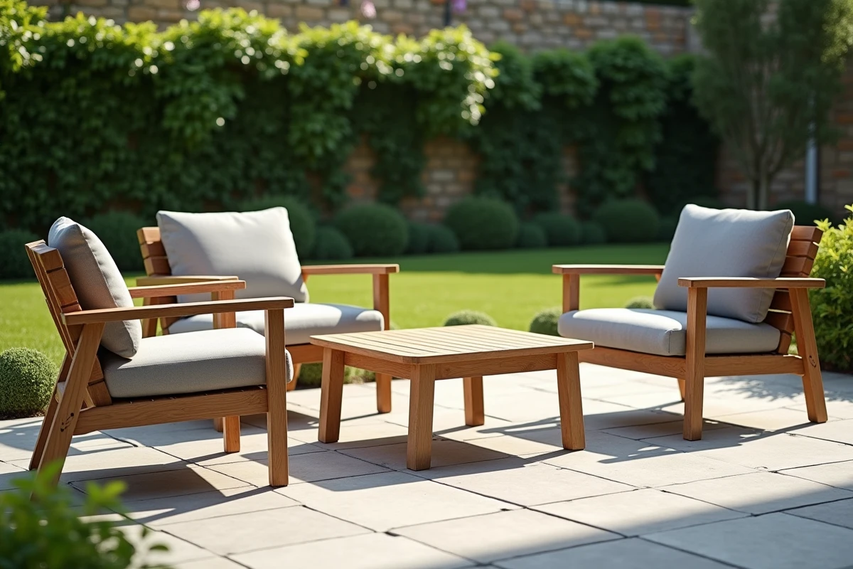 Mobilier de jardin ergonomique repositionnable composé de chaises en teck et d'une table sur une terrasse en pierre
