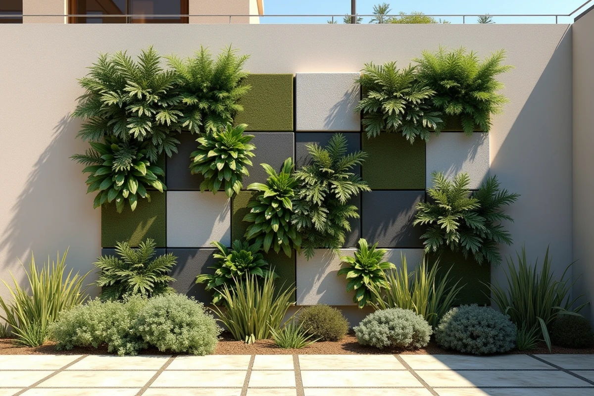 Mur végétal hybride avec plantes succulentes et graminées résistantes à la sécheresse sur façade extérieure en climat sec