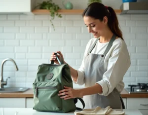 Femme nettoyant un cartable Kipling vert avec une brosse à dents et de l'eau savonneuse dans une cuisine moderne