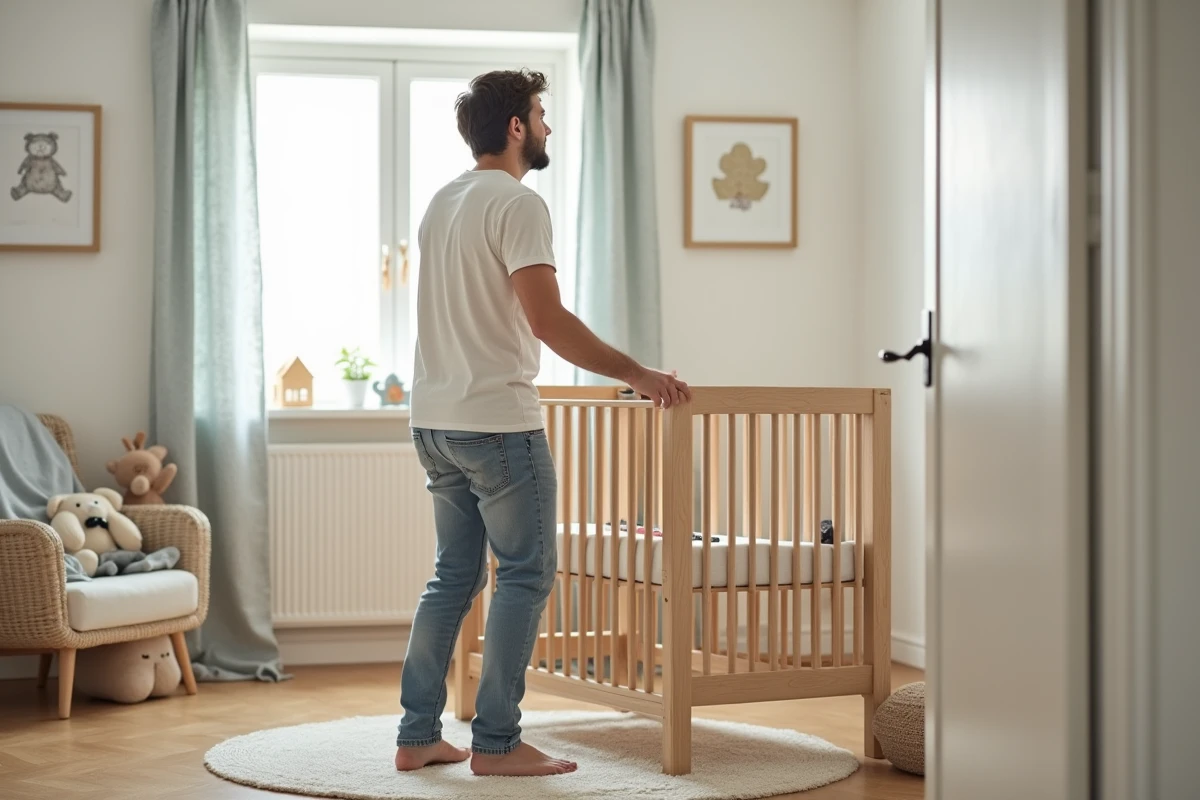 Papa assemble un lit dans une nurserie en préparation