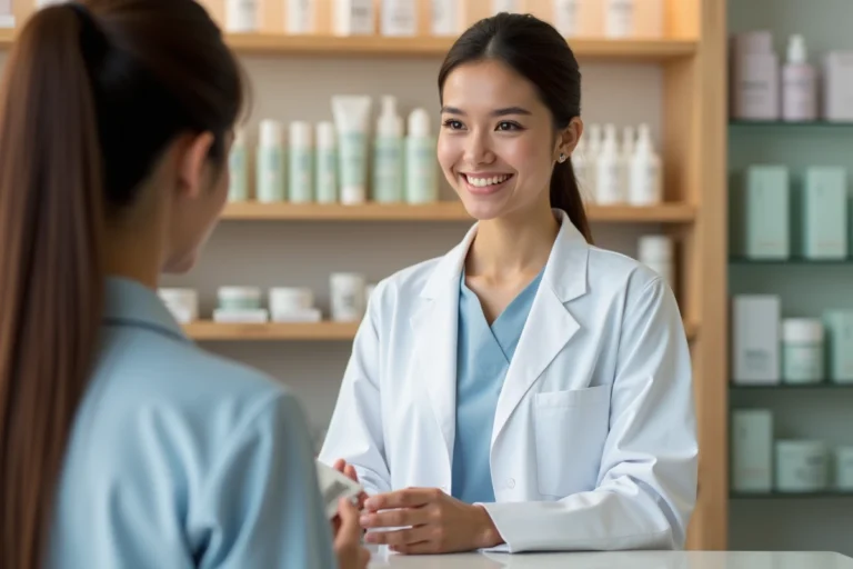 Jeune parapharmacienne en blouse blanche conseillant une cliente devant un rayon de produits cosmétiques en parapharmacie