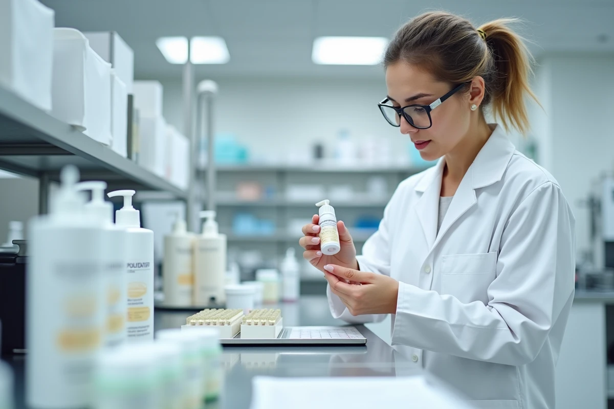 Parapharmacienne en laboratoire analysant des échantillons de produits dermocosmétiques sur un plan de travail scientifique