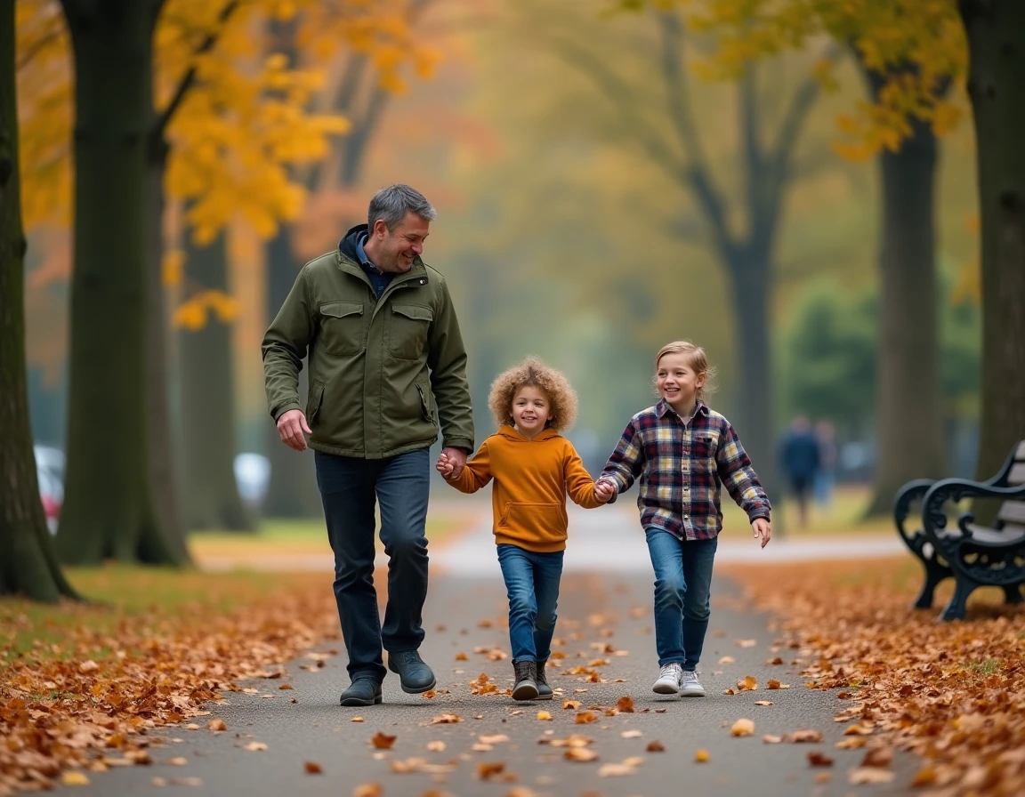 Père se promenant avec ses deux enfants dans un parc urbain en automne, famille en balade parmi les feuilles dorées dans une atmosphère détendue et bienveillante