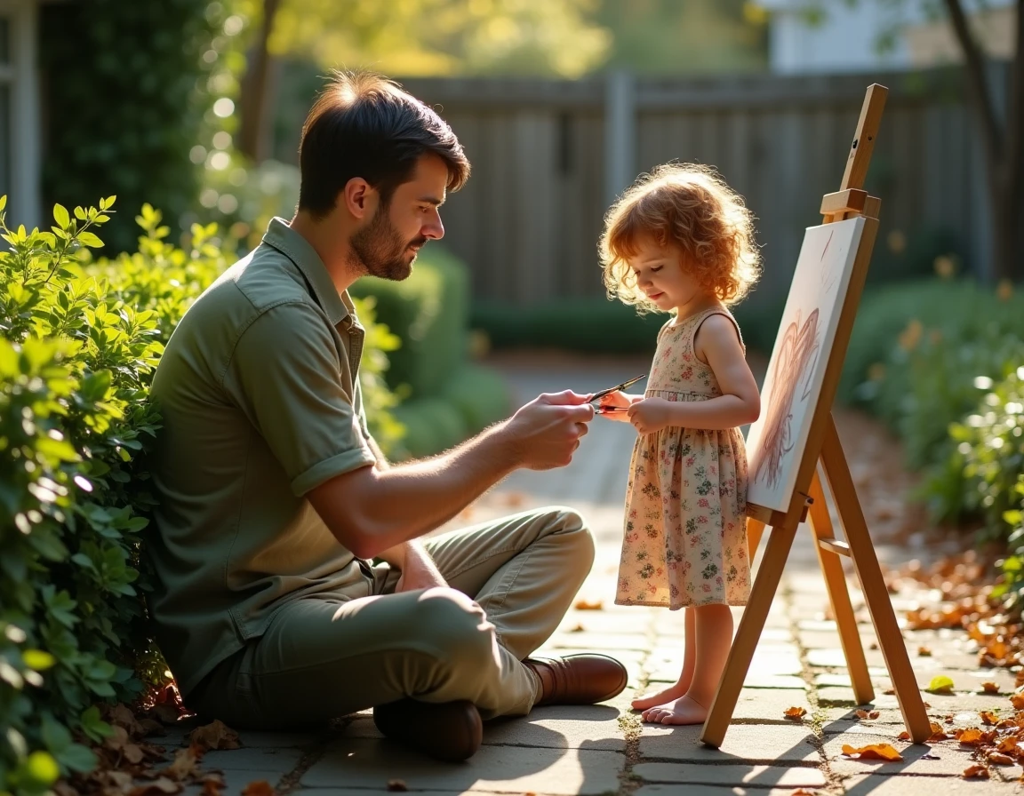 Père accompagnant sa fille dans une activité de peinture au jardin, soutenant la créativité et l'épanouissement de l'enfant