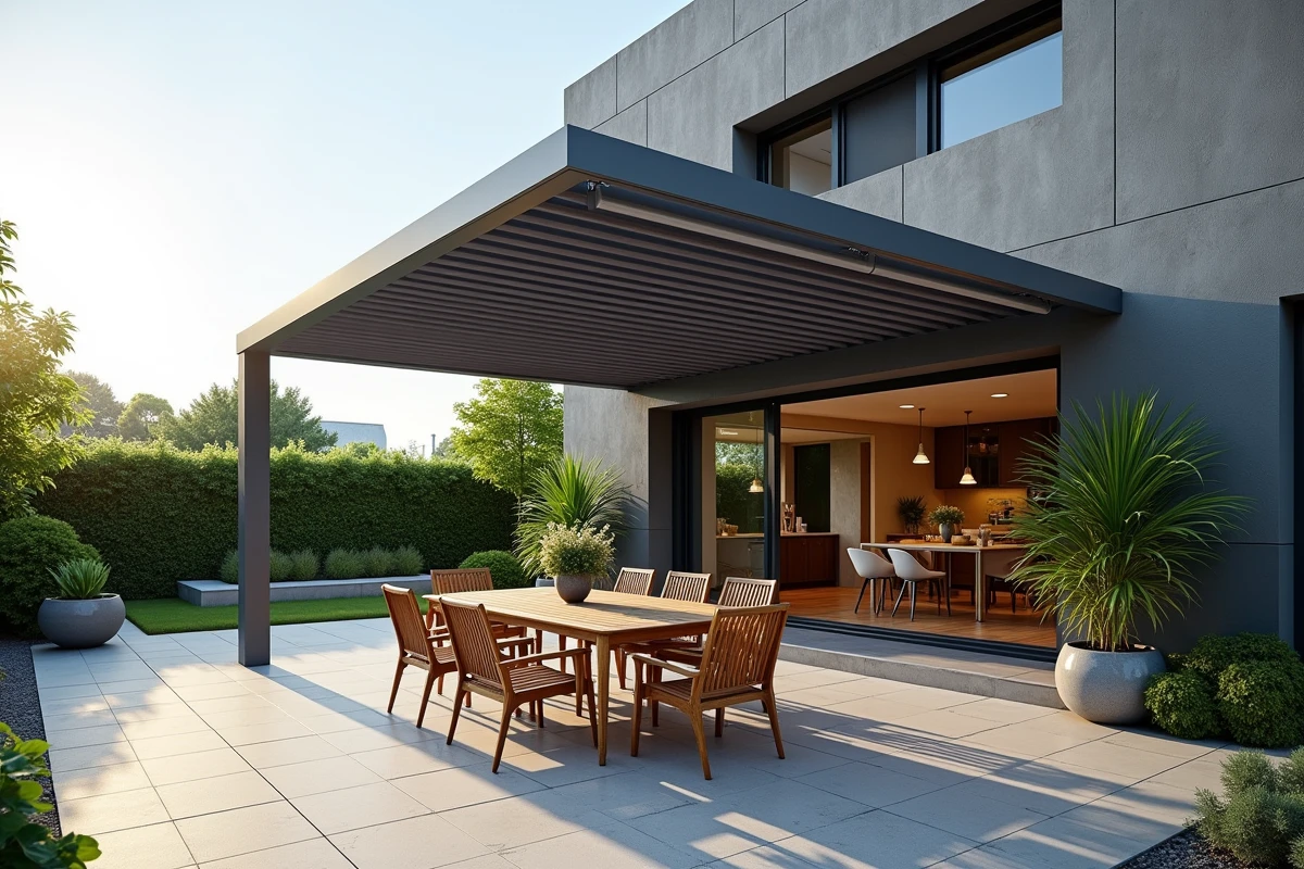 Pergola bioclimatique à lames orientables en aluminium gris installée sur une terrasse contemporaine avec mobilier en teck