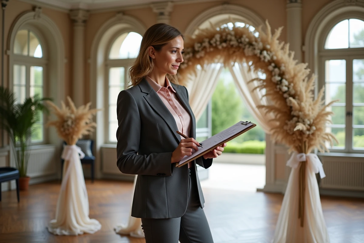 Planificatrice de mariage professionnelle dans une salle de réception élégante tenant un clipboard lors d'une visite de lieu