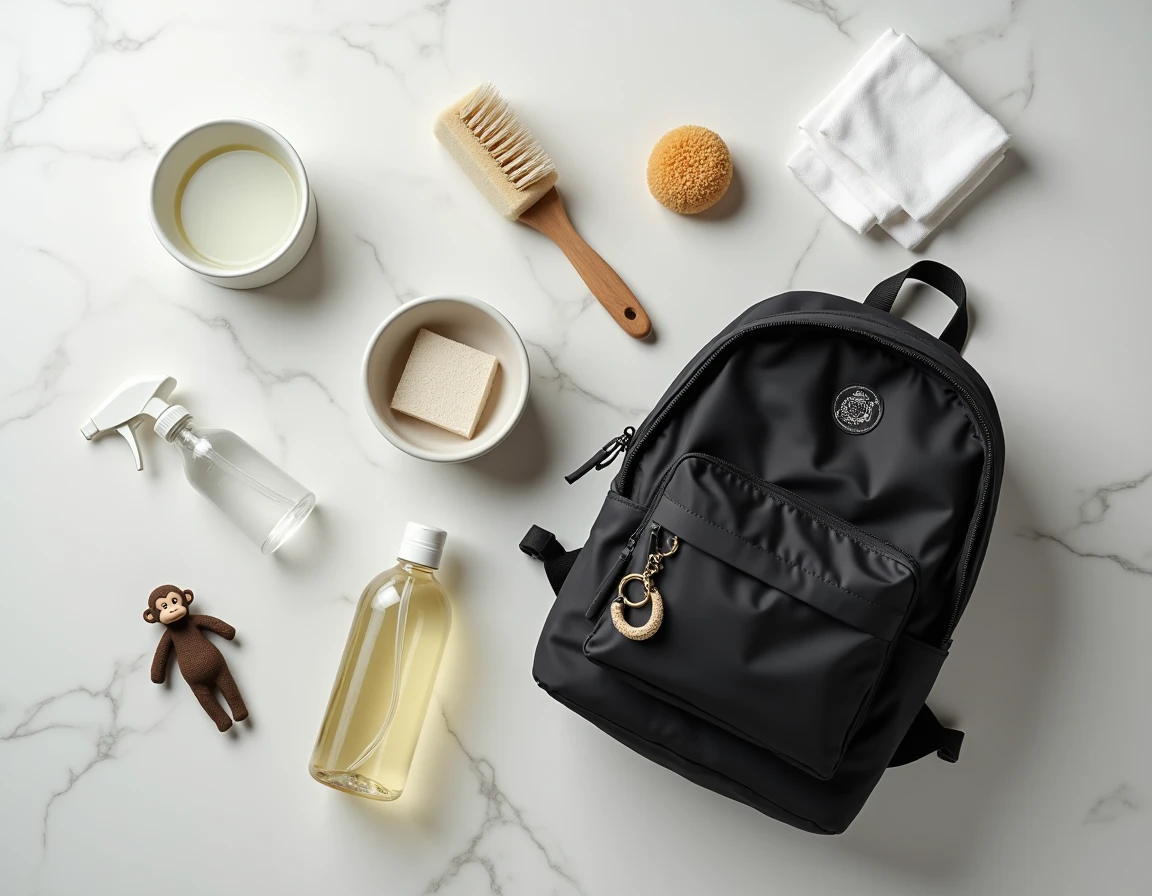 Vue de dessus d'un cartable Kipling noir avec des accessoires de nettoyage disposés sur un plan de travail en marbre blanc