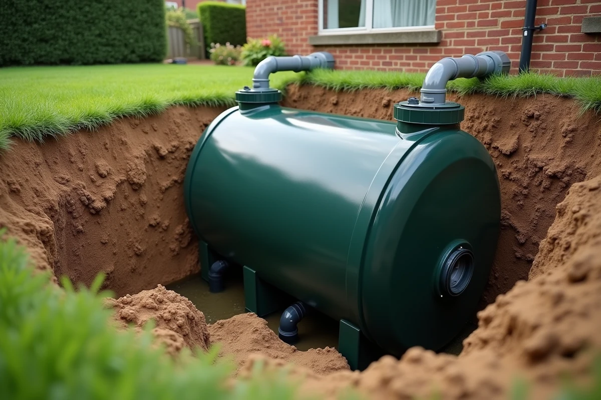 Installation d'un récupérateur d'eau de pluie enterré en polyéthylène dans un jardin résidentiel avec raccordement à la gouttière