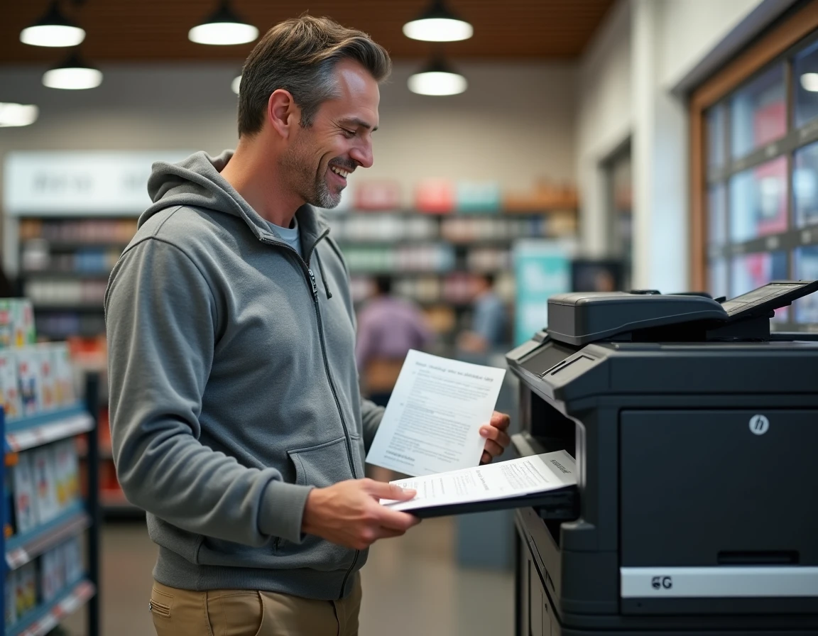 Homme récupérant ses documents imprimés à la borne libre-service d'un hypermarché
