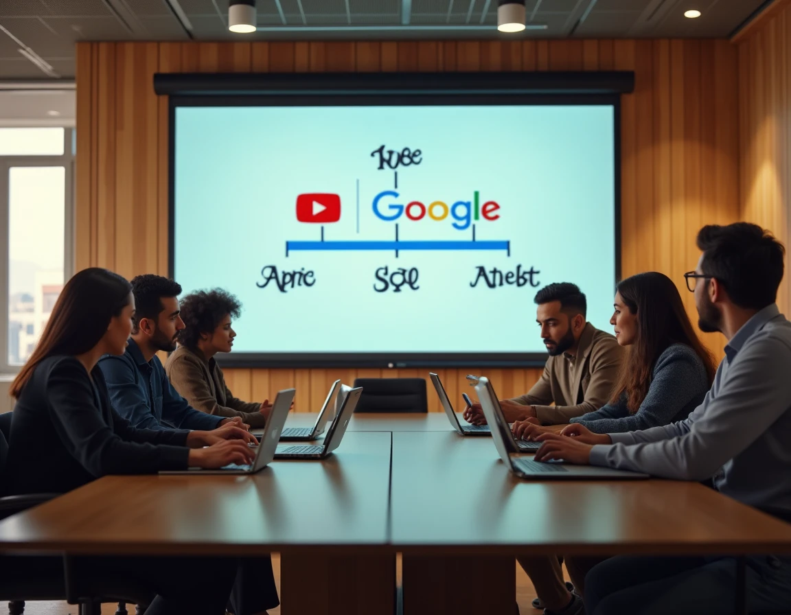Réunion professionnelle en co-working autour d'un organigramme projeté montrant la structure de propriété de YouTube sous Google et Alphabet