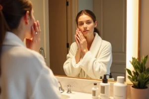 Femme appliquant une crème visage dans une salle de bain moderne, routine beauté et soin de la peau
