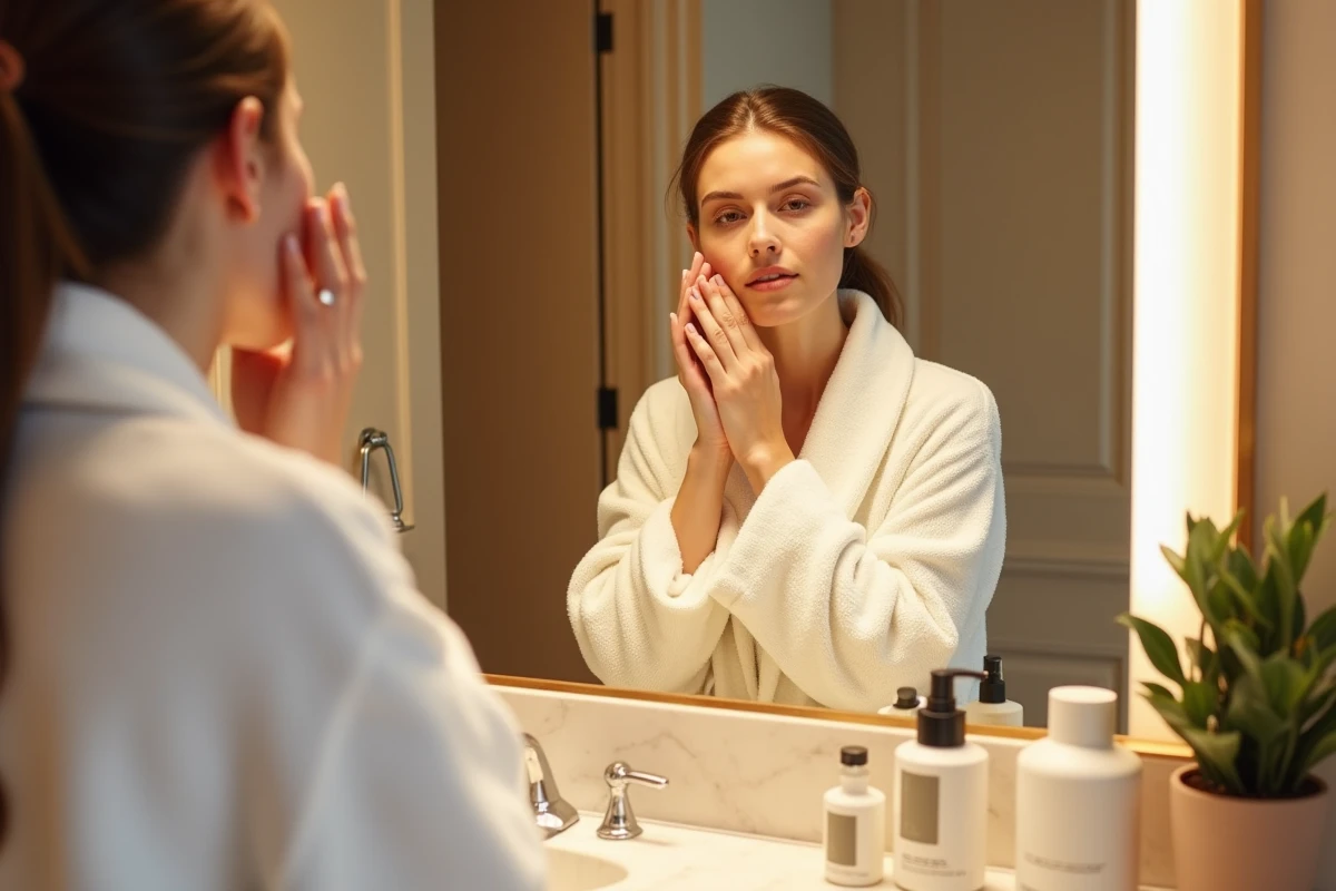 Femme appliquant une crème visage dans une salle de bain moderne, routine beauté et soin de la peau