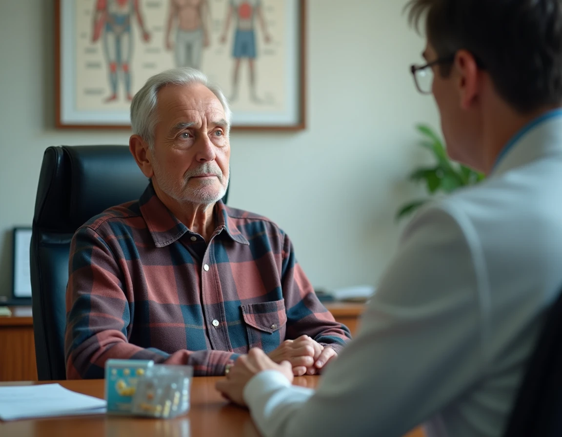 Homme âgé en consultation médicale discutant des effets secondaires de compléments vitaminés pour seniors