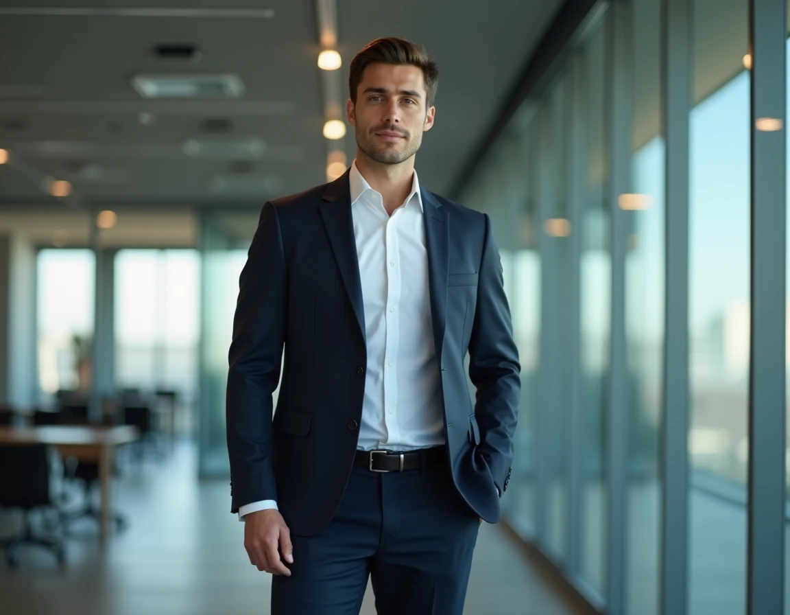 Homme grand en costume sombre debout dans un bureau technologique moderne, illustrant la curiosité autour de la taille d'Arthur Mensch