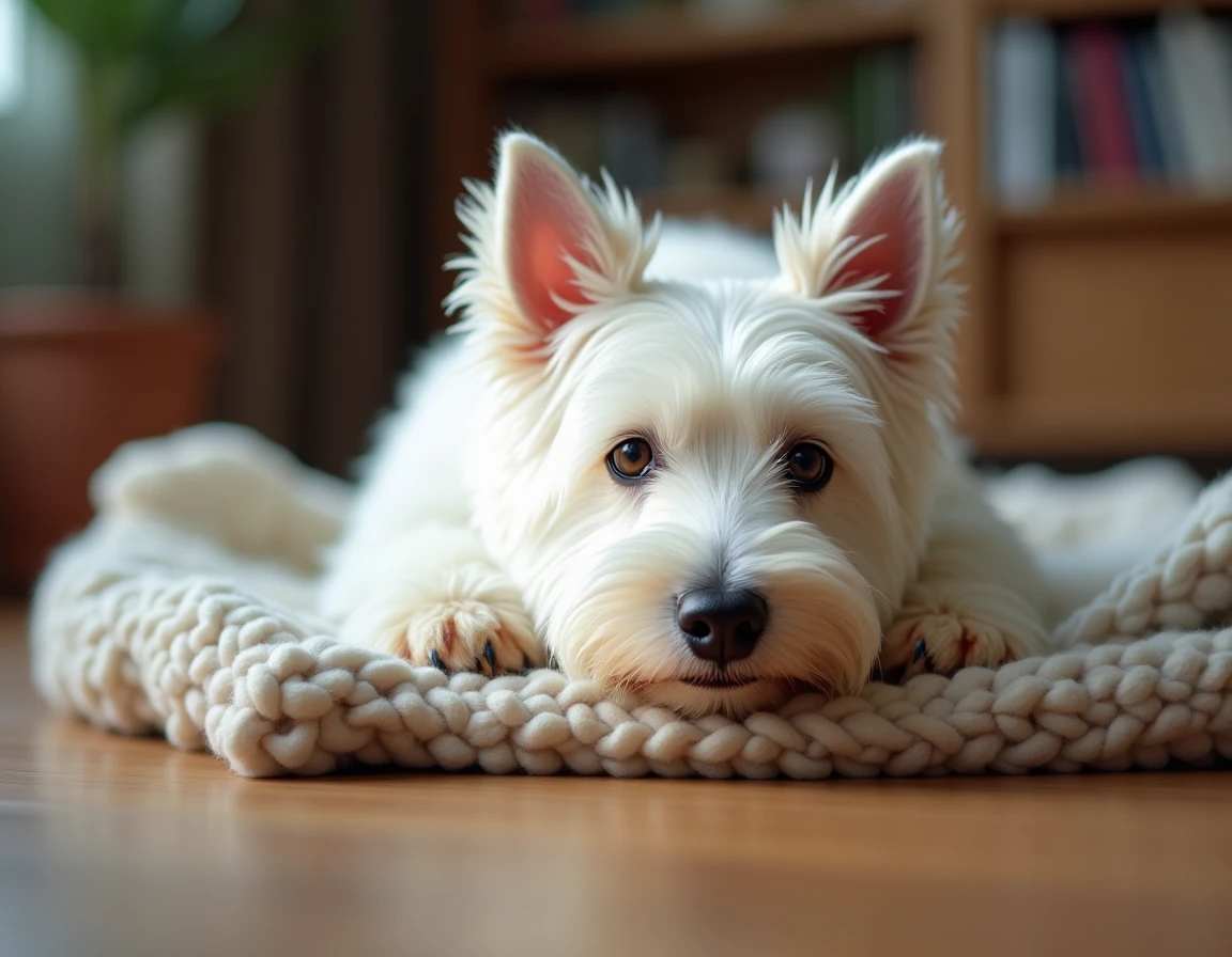 Westie allongé sur une couverture en laine dans un salon chaleureux, au repos avec une expression sereine