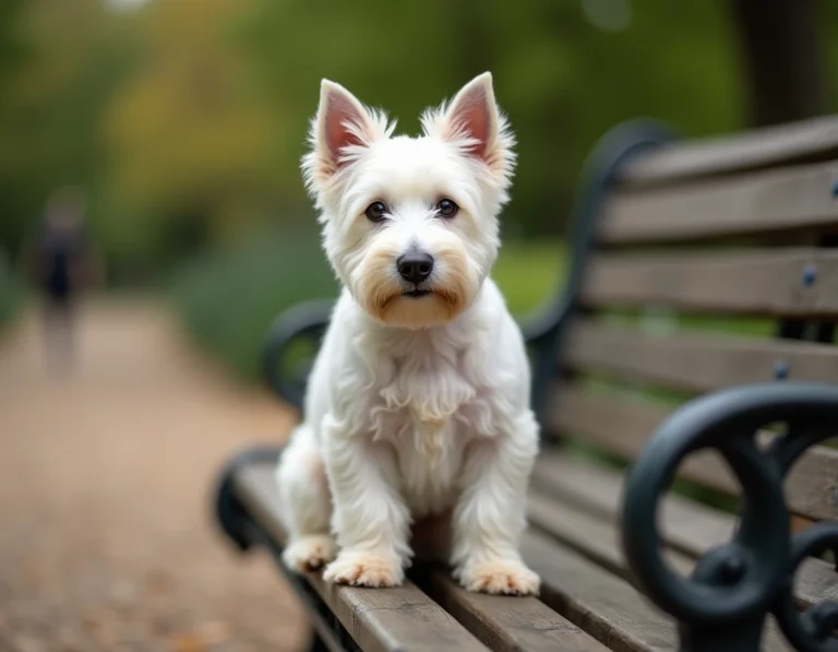 Westie assis sur un banc en bois dans un parc, regardant l'objectif avec une expression curieuse et alerte