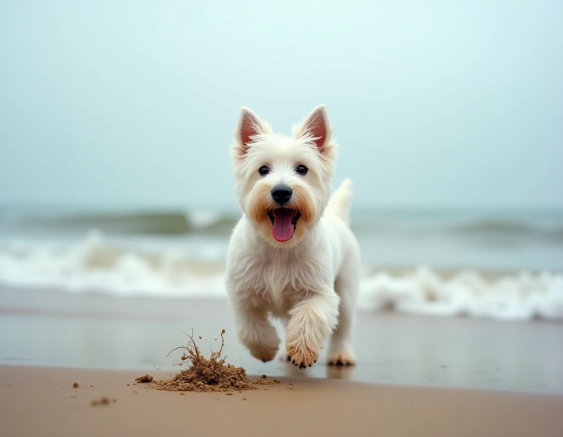 Westie courant sur une plage de sable en bord de mer, la fourrure blanche agitée par le vent