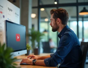 Professionnel tech consultant naviguant sur YouTube dans un bureau moderne avec des références visuelles à Google et Alphabet en arrière-plan