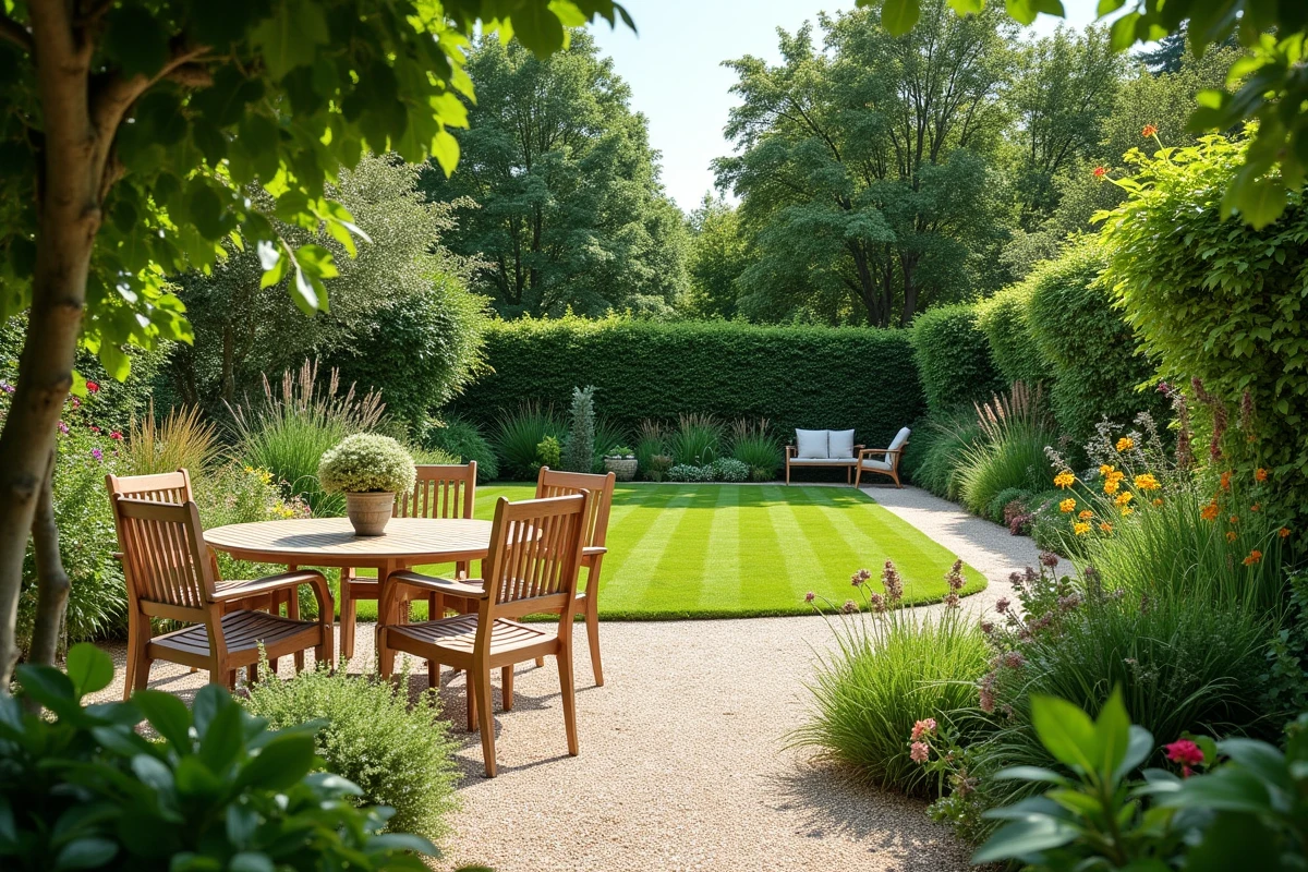 Jardin résidentiel dont les différentes zones fonctionnelles sont délimitées par la végétation — graminées et arbustes — plutôt que par des murets